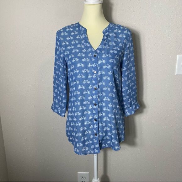 Bongo Bicycle Novelty Button Up Chiffon Blouse Blue & White Women's Size Medium - Picture 15 of 15